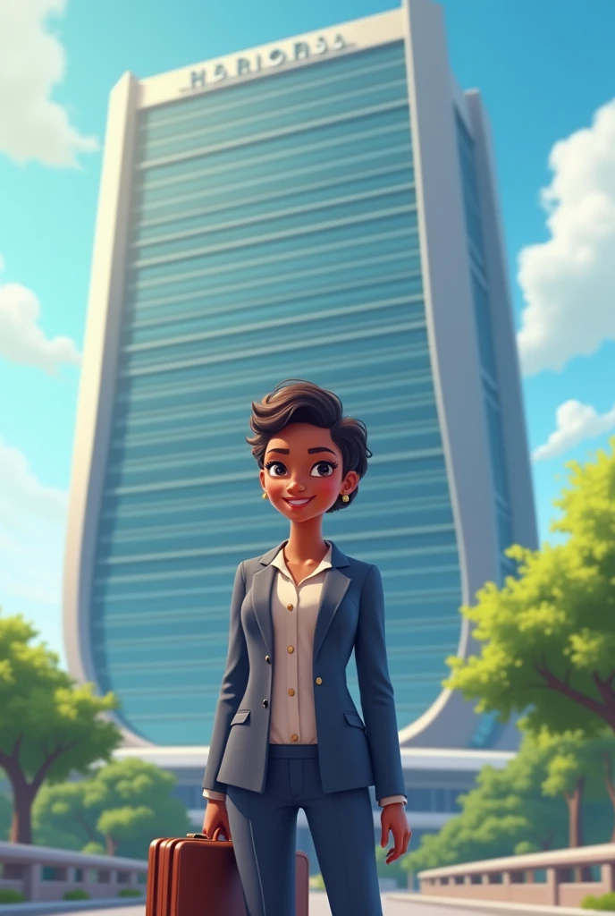 Create a kawaii image of an African lawyer with briefcase and short hair in front of the headquarters of the United Nations Organization