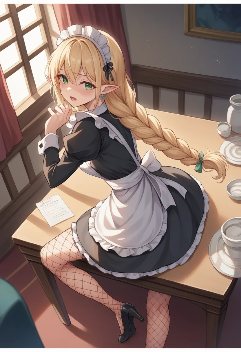 woman, 美しいエルフのwoman, expensive(1.85 cm), thin, The body is slim, thin, Adult, The exterior is about two, maid, French maid, Long Hair, Blonde, Lightly braided straight hair, Pointy Ears, She has long silver earrings in her ears, Her eyes were emerald green, Her face was bright and lively, Her face was perfect, delicate, very feminine, an Adult woman wearing a formal maid shirt, Long sleeve, Black Skirt, White apron, Stockings and high heels, The ring on her right hand, Pose from the front, ((Above average breasts)), Firm breasts, Perfect waist, Above average ass, Black lace fishnet stockings, Table cleaning scene, Antiques in the castle, Open the window and watch the sunset, Looking at the audience