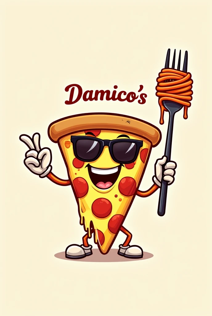 Une part de pizza triangle souriante, portant des lunettes de soleil , tient une fourchette de spaghetti à la verticale, comme un sceptre. L'autre main fait comme l'emoji 🤌 .Elle a l'air triomphant et porte un grand sourire. La pizza est de couleur jaune vif, avec des morceaux de pepperoni rouges et du fromage fondu. La fourchette de spaghetti est enroulée de spaghettis et est de couleur orange. Logo. Avec DAMICO'S écrit au dessus. 🤌🤌🤌
