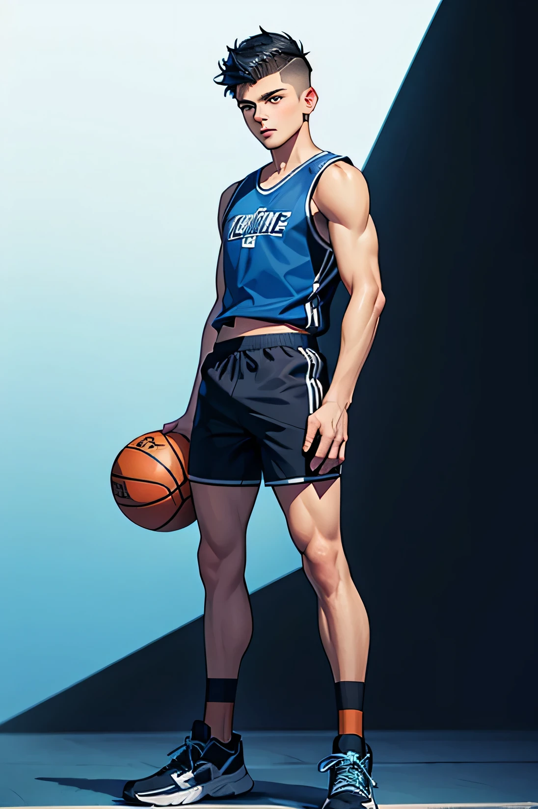 2 twink, handsome, his skin is light tropical Latin, his hair is a graduation cut with the sides in high fade, he wears blue and black basketball clothes, his shorts are small (short), he also has a big gluteus, we can see the image in full showing him in full body, the background is solid black. BIG ASS
