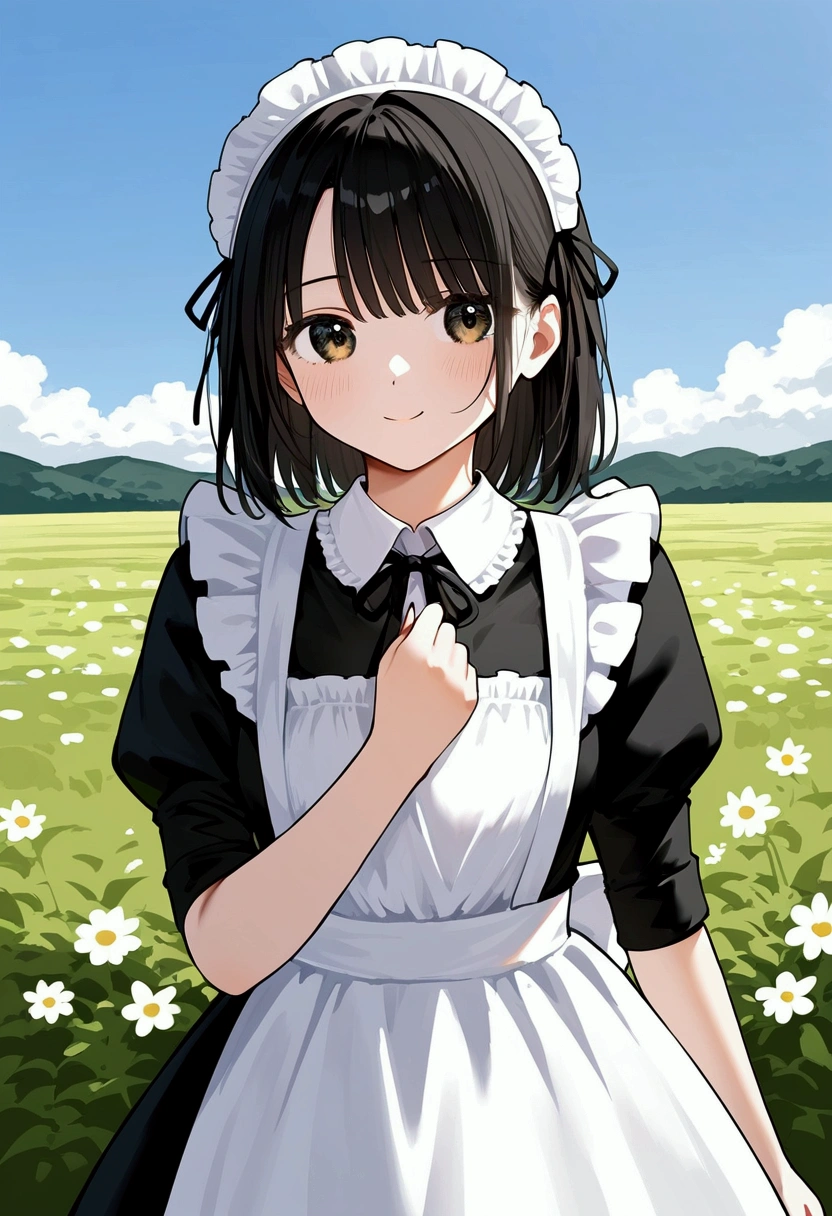 masterpiece, Highest quality, One person, Maid headdress, Black Hair, Cowboy Shot, cute