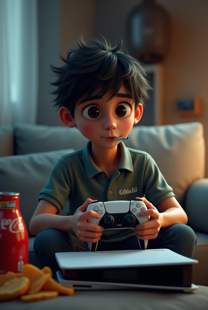 (Photorealism:1.2), small dark-haired European man with cigarette in mouth playing with his Playstation 5 controller where the charging cable is plugged in. Next to him there should be chips and cola. Brockel is said to be written on his polo shirt 
