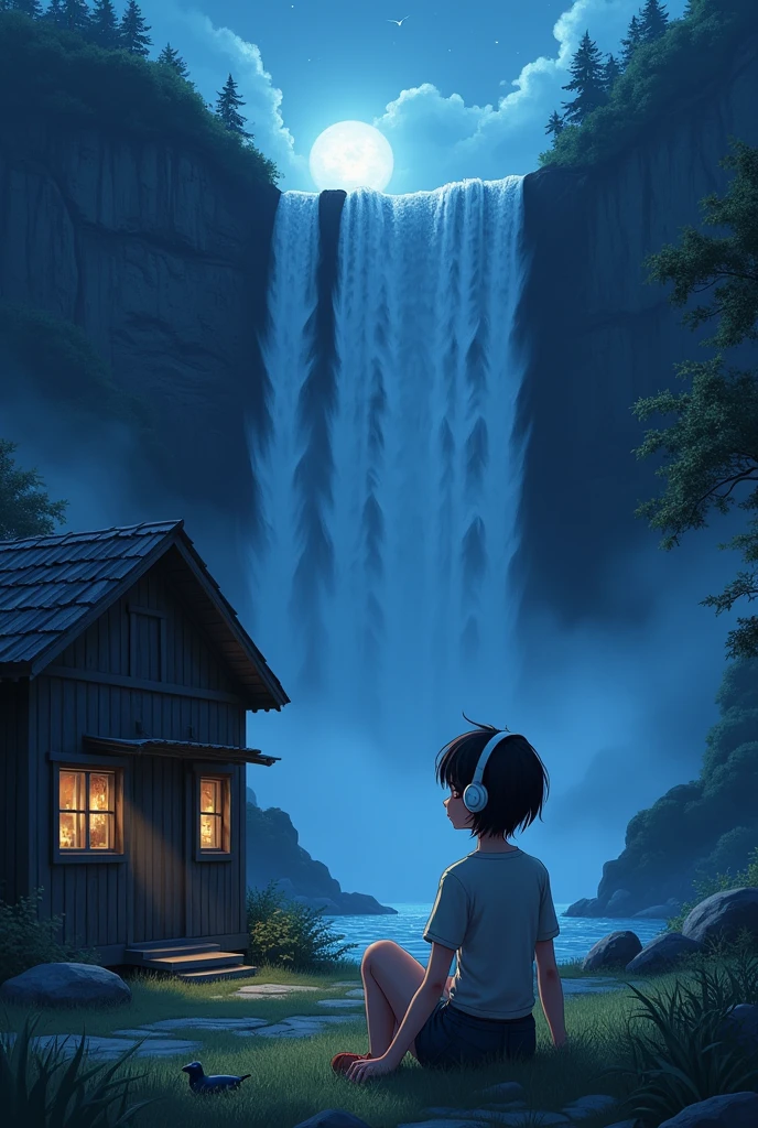 girl with short hair wearing shirt, short skirt, at night. relaxed listening to music with headphones., outside cabin very close huge waterfall