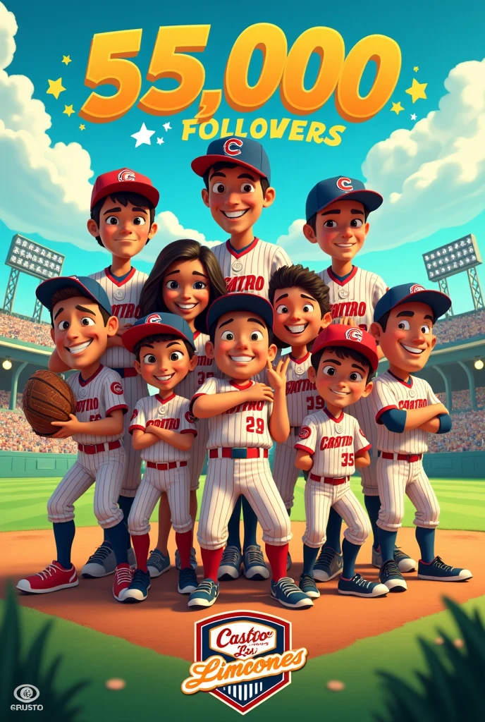 Create an image with text in Spanish to thank the followers of the Facebook page for being part of the first 5 thousand on the Castro Los Limones page and that they are part of the Los Limones baseball team.