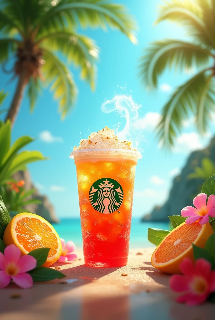 create an image for a Starbucks ad with tropical colors so that Starbucks have tropical flavors
