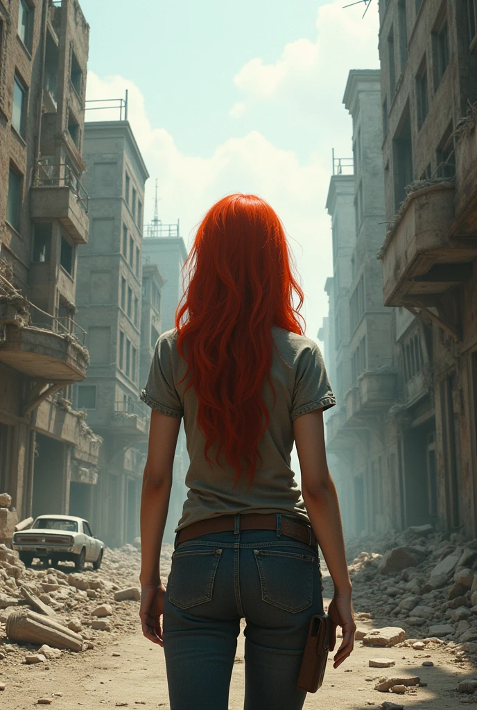 20 year old redhead woman standing with her back turned on a deserted street after the apocalypse