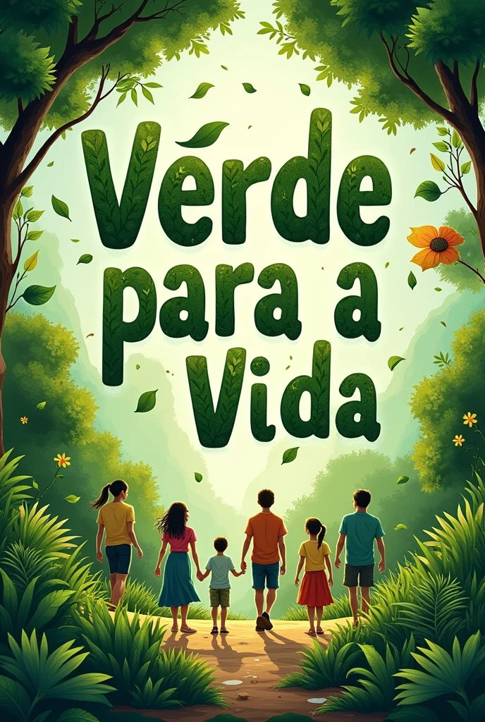 Create a flyer with the title Green for Life and put it in Portuguese  . with people and children in front, place trees and green plants . the textured letters of tree leaves 

