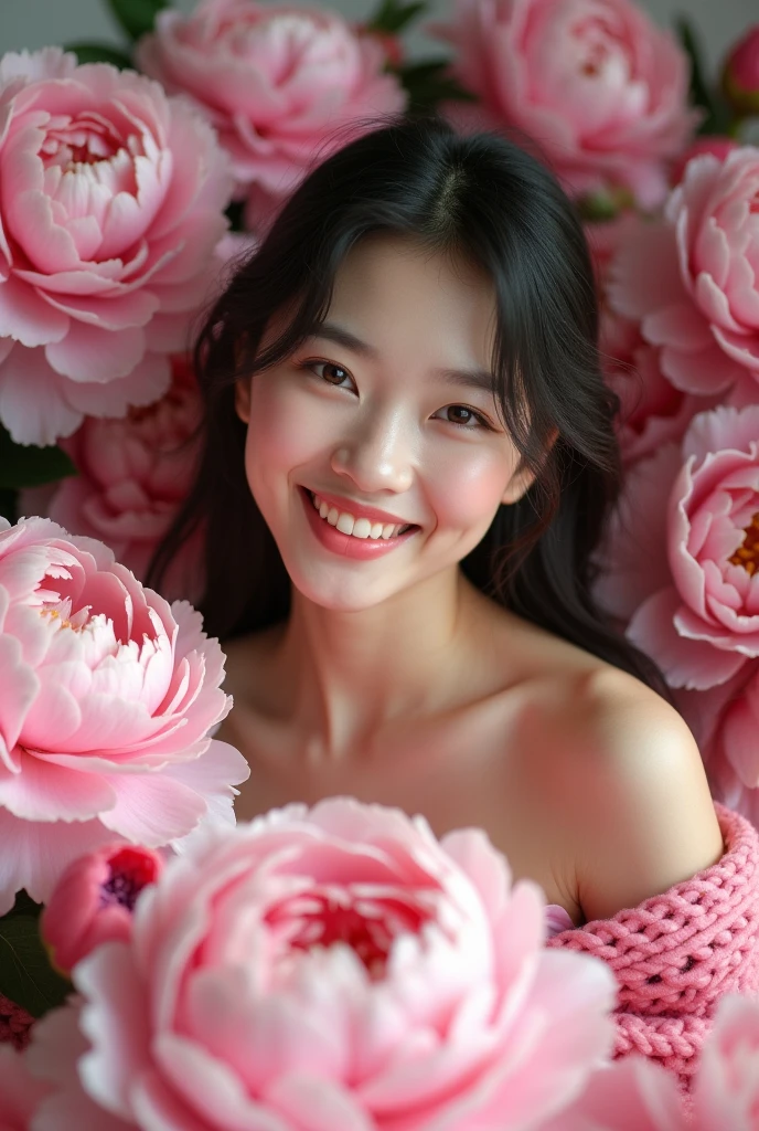 Photography,HD,Real People,1 Asian girl surrounded by peony flowers,Many pink flowers,The movements are natural and elegant,1,Slightly fat,sweet smile,teeth,Beautiful facial features,Exquisite makeup,Exquisite eyes,Eye details,Pink yarn,Shoulder,hand臂,hand,Soft and fluffy hair,Soft light and shadows indoors,Rich details