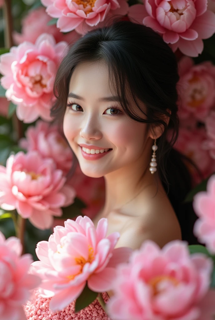 Photography,HD,Real People,1 Asian girl surrounded by peony flowers,Many pink flowers,The movements are natural and elegant,1,Slightly fat,sweet smile,teeth,Beautiful facial features,Exquisite makeup,Exquisite eyes,Eye details,Pink yarn,Shoulder,hand臂,hand,Soft and fluffy hair,Soft light and shadows indoors,Rich details