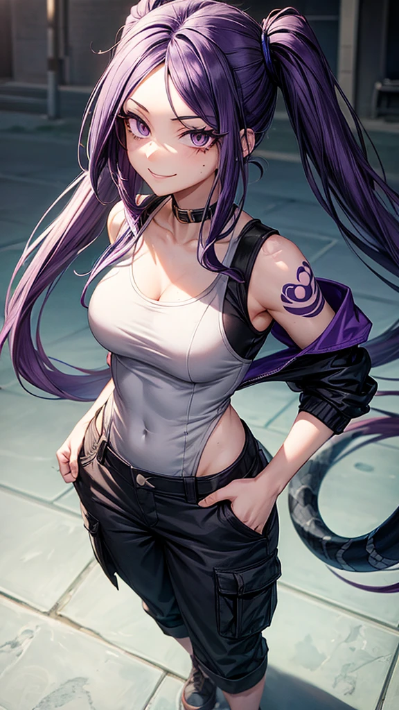 My hero academia anime style, female character with long dark purple hair and white ends, mole underneath the eyes, grey color eyes, long eyelashes, wearing a sleeveless shirt and cargo pants, a snake tattoo on the neck, smiling
