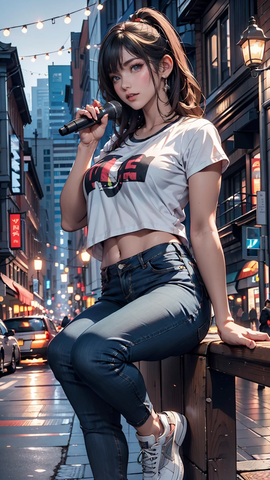 2 female。T-Shirts、jeans、sneakers、Silver Hair、semi-long、Downtown at night、Street Performance、sit on the guardrail、Singing while playing guitar(No microphone)、People around are excited、Sexy proportions、Narrow waist