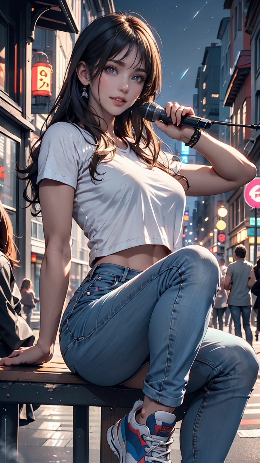 2 female。T-Shirts、jeans、sneakers、Silver Hair、semi-long、Downtown at night、Street Performance、sit on the guardrail、Singing while playing guitar(No microphone)、People around are excited、Sexy proportions、Narrow waist