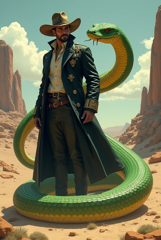 A giant snake with green and yellow coloration, wearing a black trench coat adorned with insignias and a cowboy hat. The snake has no arms and no legs its just a giant snake dressed as a cowboy, and its body is coiled in a mature, fantasy RPG art style, set in the Old West. The scene captures a sense of power and intimidation, with the snake's large, piercing eyes and imposing presence