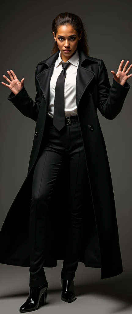 a tanned female, wide arms gesturing a long trench coat black suit, white shirt underneath, tie, aggressive, assertive, swagger attitude  Melbourne shuffle jumping shuffling footwork  expressive pose,dynamic composition, photorealistic, 8k, hyper detailed, studio lighting, highly detailed face and eyes, intricate details, chiaroscuro lighting, dramatic lighting, moody atmosphere, cinematic, 