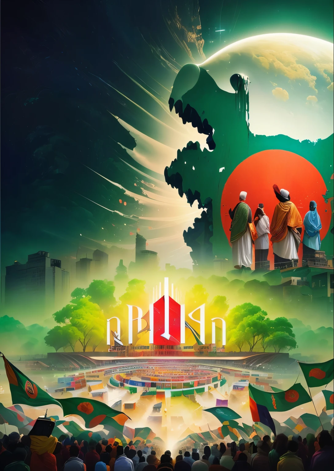 there are many people standing in front of a large painting, bangladesh, vibrant tourism poster, official artwork, by Odhise Paskali, official print, movie promotional image, contest winning masterpiece, 2 0 2 4, 2024, mobile wallpaper, assamese, wallpaper - 1 0 2 4, illuminating the area, by Jason Benjamin, full color illustration, book cover, 4k, ultra hd
