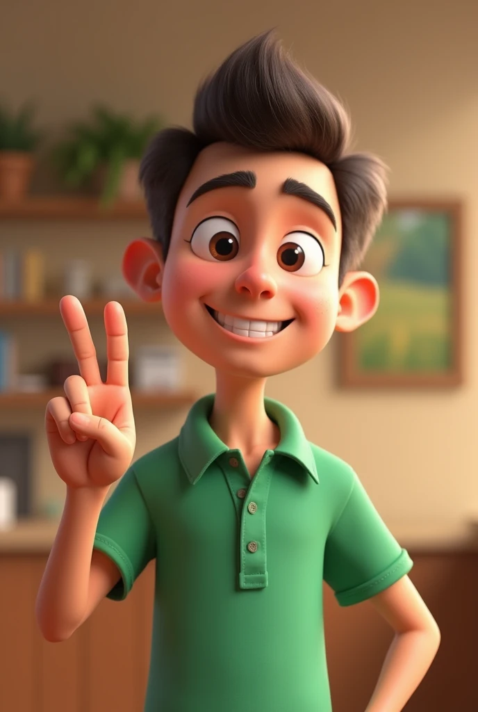 Cartoon character of a man in a green polo collar shirt, making the V with fingers an animated character, stylized character, animation style rendering, 3d stylized, Stylized 3D rendering, toon render screenshot, 3d character, 3d character, Stylized 3D rendering, 3D character rendering, cartoon character, Personagem de close up, character posing, (Pixar-style) (master part:1.2) (bokeh) (best qualityer) (skin fair)