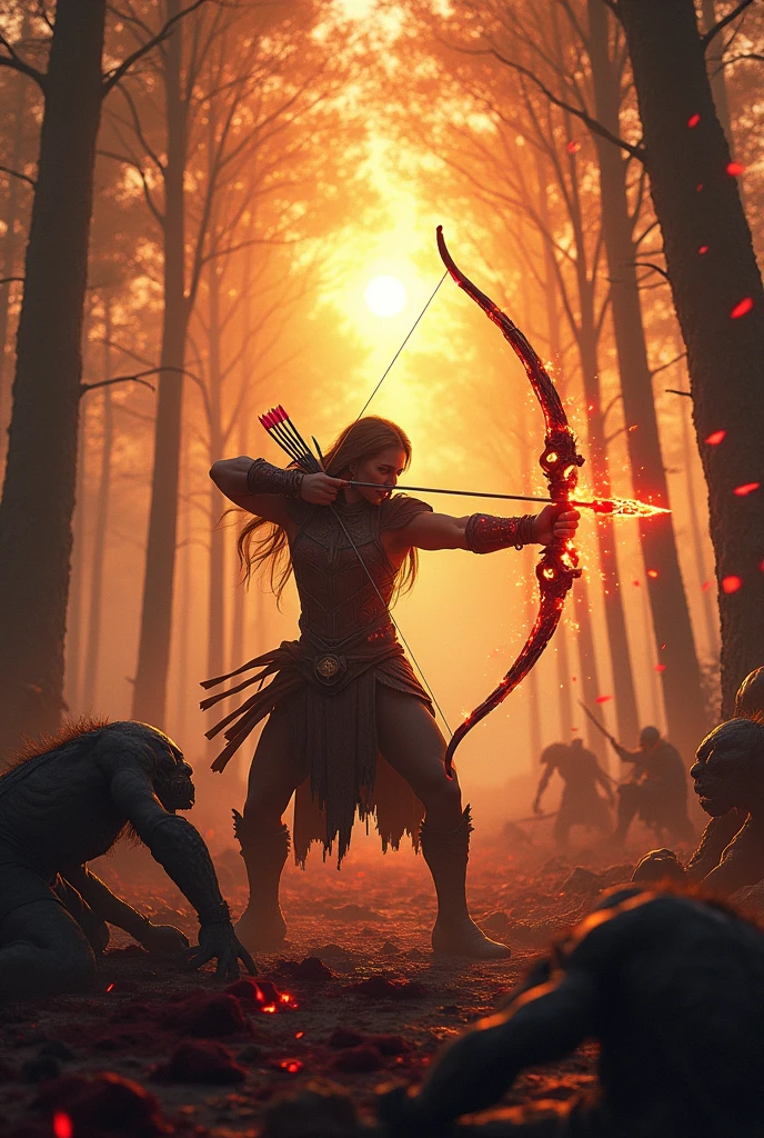 a magical archer shooting enchanted arrows, hitting orcs in a bloody forest battlefield at sunset, highly detailed, intricate, stunning, dramatic lighting, vibrant colors, cinematic composition, epic fantasy, photorealistic, 8k, award winning digital art, (best quality,4k,8k,highres,masterpiece:1.2),ultra-detailed,(realistic,photorealistic,photo-realistic:1.37),extremely detailed, archer, magic arrows, orcs, forest battlefield, bloody, sunset, dramatic lighting, vibrant colors, cinematic composition, epic fantasy