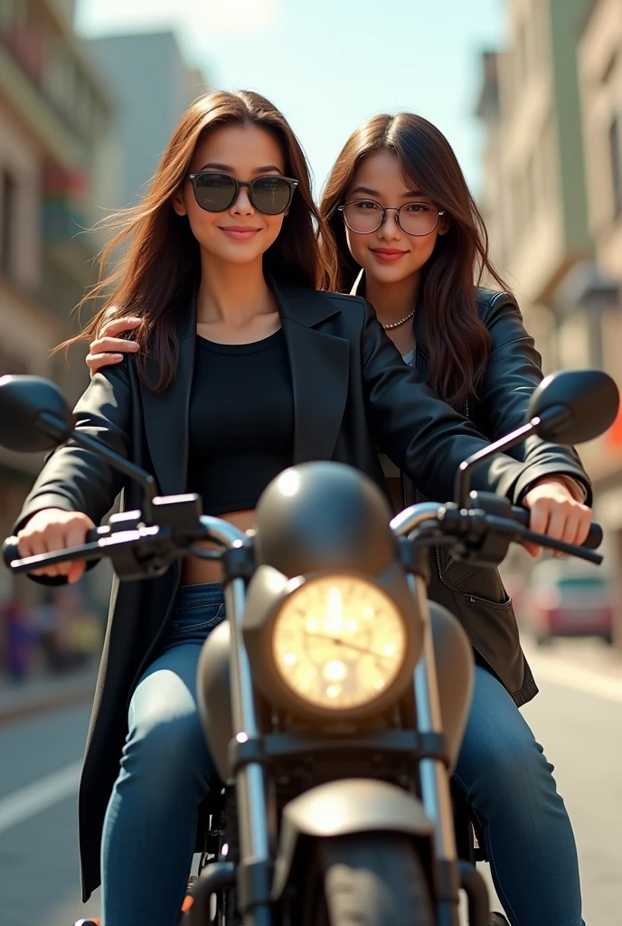 Two thai
bestie sitting on moterbike her bestie sitting in back one of them wearing a black t shirt and coat
