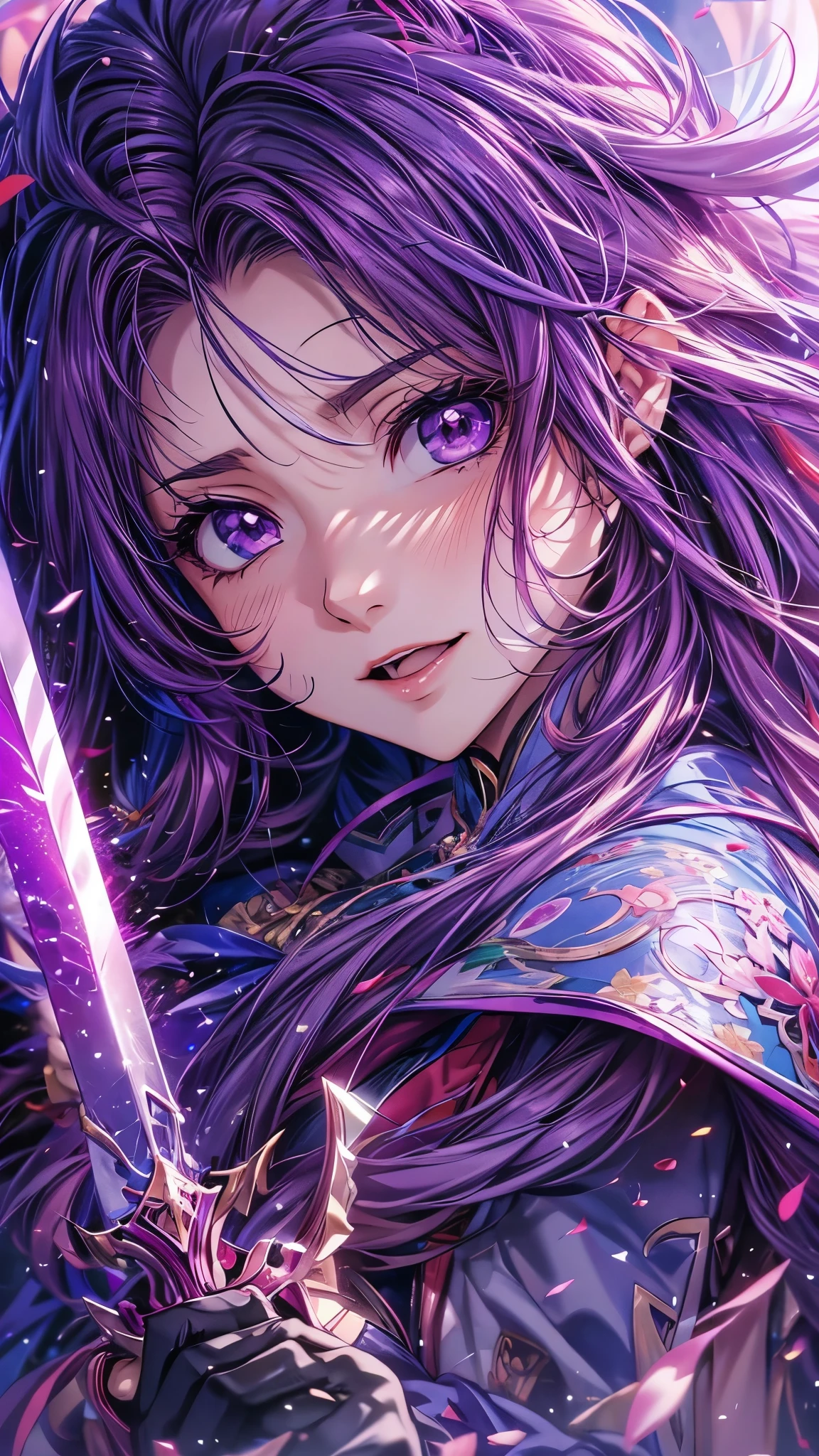 Long-haired and purple-haired anime character holding a sword, Best anime 4k konachan wallpaper, Anime Goddess, Anime Art Wallpapers 8K, Anime Style 4k, anime art wallpaper 4k, anime art wallpaper 4k, Portrait of a girl in the Knights of the Zodiac, Detailed digital anime art, Detailed anime art, anime wallpaper 4k, anime wallpaper 4k、masterpiece,best quality,ultra detailed,high-resolution,8k portrait,unity 8k wallpaper,extremely detailed CG unity 8k wallpaper