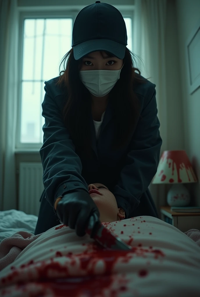 korean girl, (behind stiff, holding knife), stabbing, suigical mask, black gloves, cute room, black raincoat, trucker hat, bloody knife, black gloves, woman on top, behind cadaver, blood splatter, on the bed, looking at viewer, mass murderer, killer, blood splatter, dark atmosphere, cinematic lighting, atmospheric realistic, light from the window,
