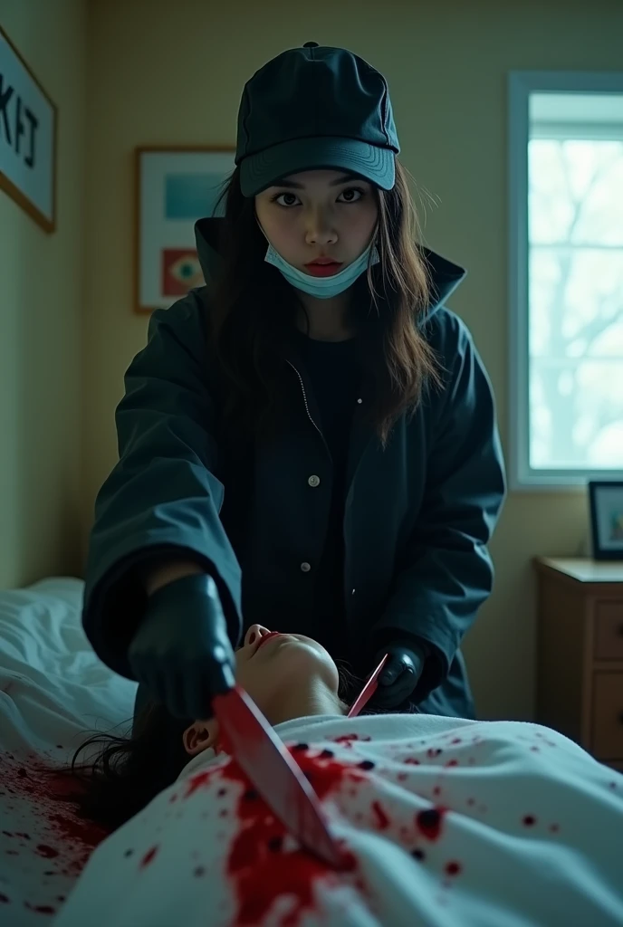 korean girl, (behind stiff, holding knife), stabbing, suigical mask, black gloves, cute room, black raincoat, trucker hat, bloody knife, black gloves, woman on top, behind cadaver, blood splatter, on the bed, looking at viewer, mass murderer, killer, blood splatter, dark atmosphere, cinematic lighting, atmospheric realistic, light from the window,