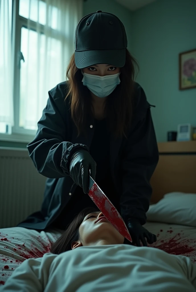 korean girl, (behind stiff, holding knife), stabbing, suigical mask, black gloves, cute room, black raincoat, trucker hat, bloody knife, black gloves, woman on top, behind cadaver, blood splatter, on the bed, looking at viewer, mass murderer, killer, blood splatter, dark atmosphere, cinematic lighting, atmospheric realistic, light from the window,