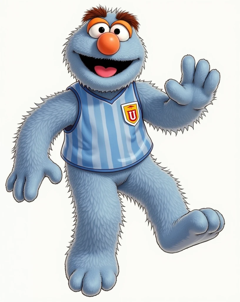 pancho contreras, Sesame Street character painted in light blue, with a cream soccer jersey with a cherry-colored U as a shield, sitting signing a contract