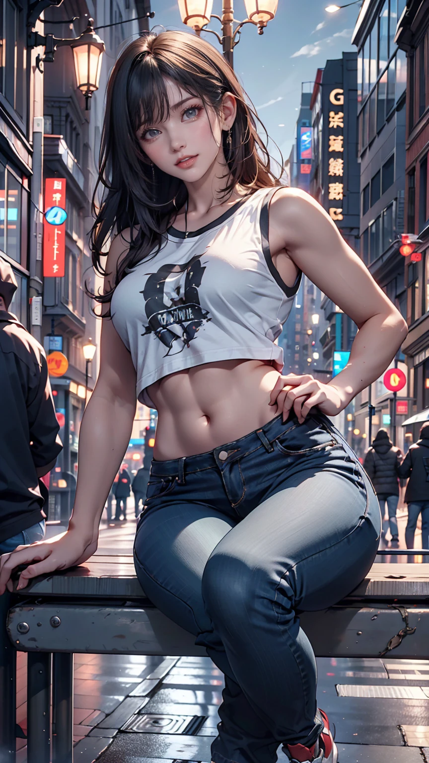 2 female。T-Shirts、jeans、sneakers、Silver Hair、semi-long、Downtown at night、Street Performance、sit on the guardrail、Singing while playing guitar(No microphone)、People around are excited、Sexy proportions、Narrow waist