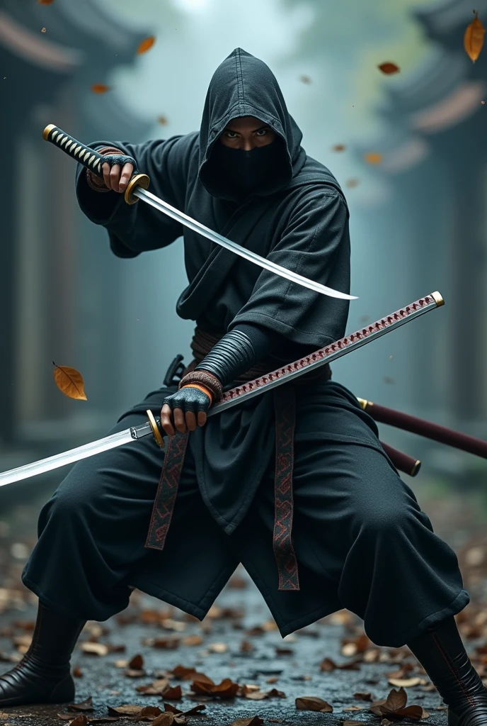 Ninja with katana in both hands power scene 

