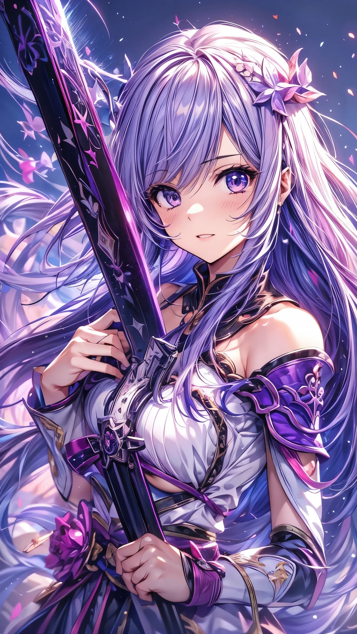 Long-haired and purple-haired anime character holding a sword, Best anime 4k konachan wallpaper, Anime Goddess, Anime Art Wallpapers 8K, Anime Style 4k, anime art wallpaper 4k, anime art wallpaper 4k, Portrait of a girl in the Knights of the Zodiac, Detailed digital anime art, Detailed anime art, anime wallpaper 4k, anime wallpaper 4k、masterpiece,best quality,ultra detailed,high-resolution,8k portrait,unity 8k wallpaper,extremely detailed CG unity 8k wallpaper