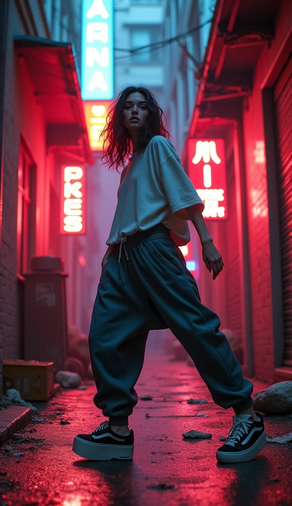 1990s , 1 dynamic female, 90s streetstyle hiphop fashion, baggy thick edgy  loose clothing, Melbourne shuffle  jumping shuffling  footwork ,  expressive pose, urban allyway environment, neon lights, cinematic lighting,, extremely detailed, photorealistic, 8k, film grain, dynamic composition, high quality, masterpiece