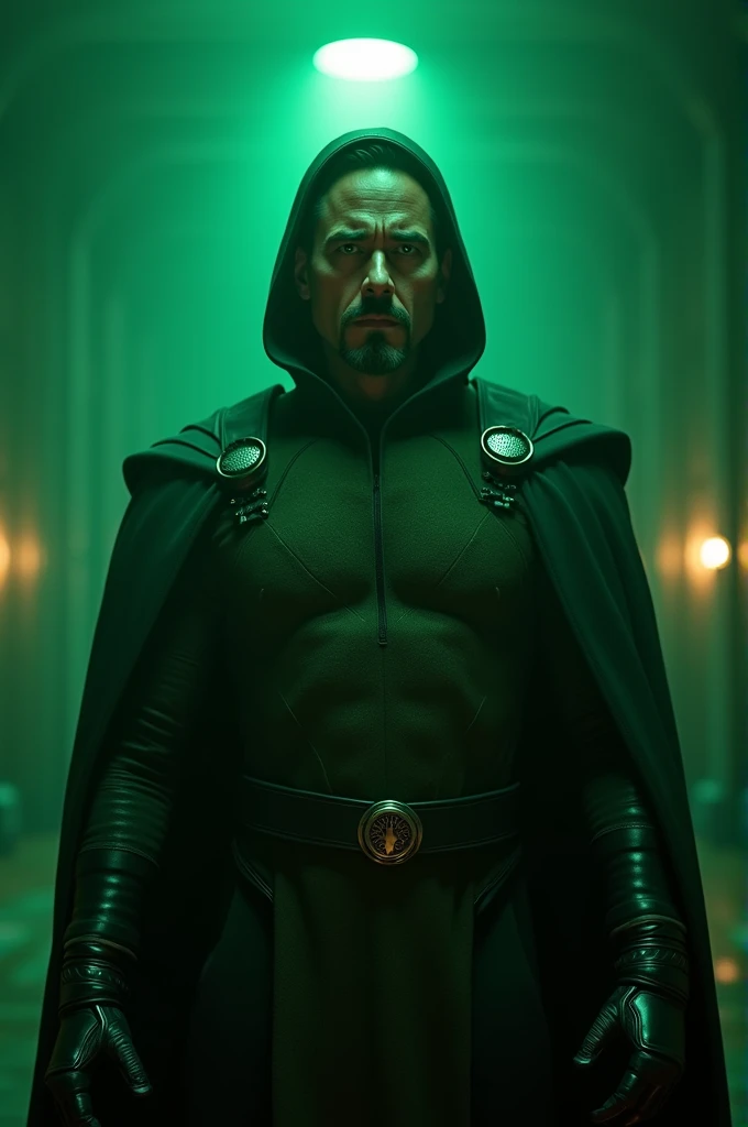 Hyper realistic image of Robert Downey Jr as Dr Doom standing in a dark place with green lighting 