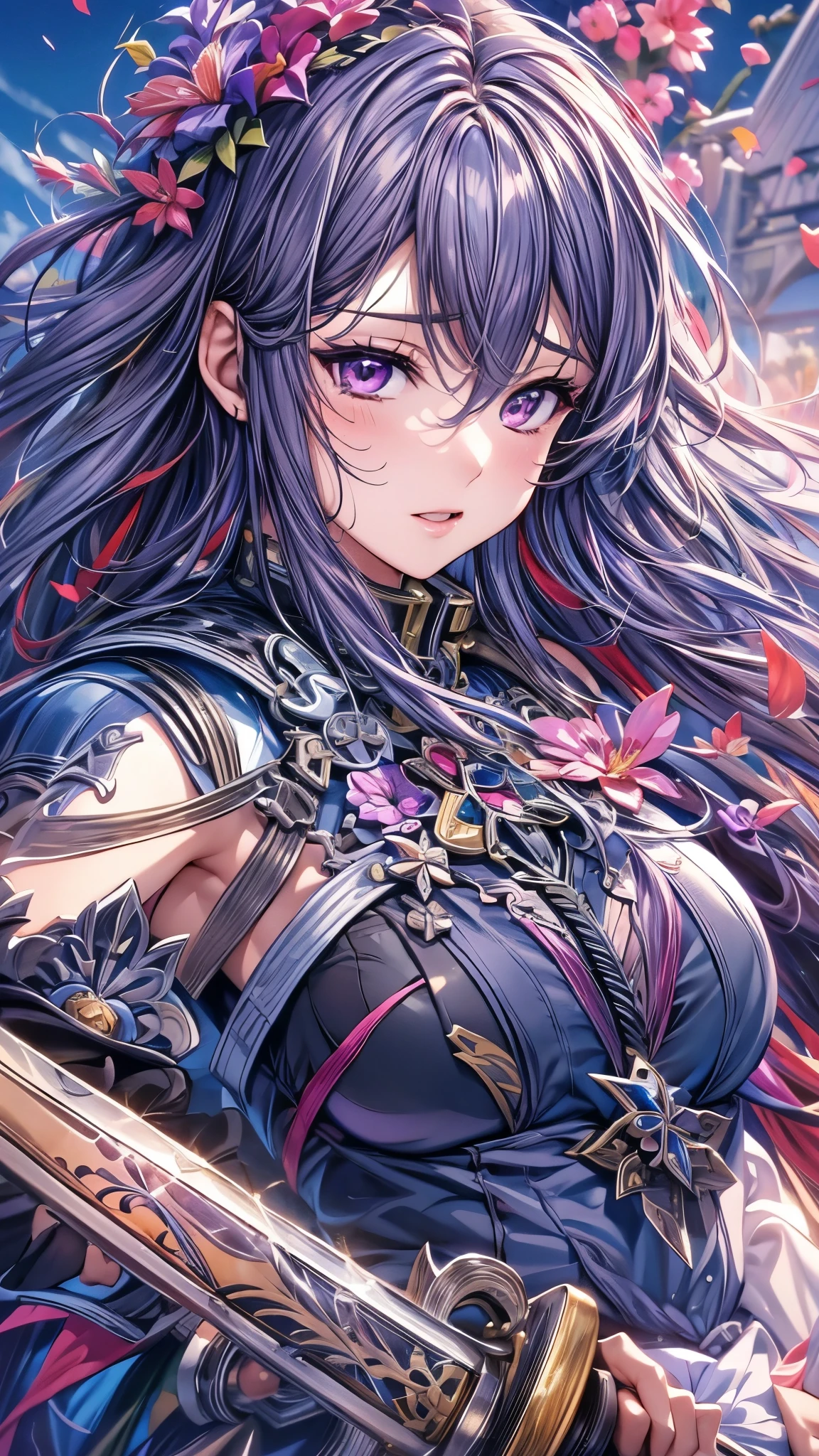 Long-haired and purple-haired anime character holding a sword, Best anime 4k konachan wallpaper, Anime Goddess, Anime Art Wallpapers 8K, Anime Style 4k, anime art wallpaper 4k, anime art wallpaper 4k, Portrait of a girl in the Knights of the Zodiac, Detailed digital anime art, Detailed anime art, anime wallpaper 4k, anime wallpaper 4k、masterpiece,best quality,ultra detailed,high-resolution,8k portrait,unity 8k wallpaper,extremely detailed CG unity 8k wallpaper