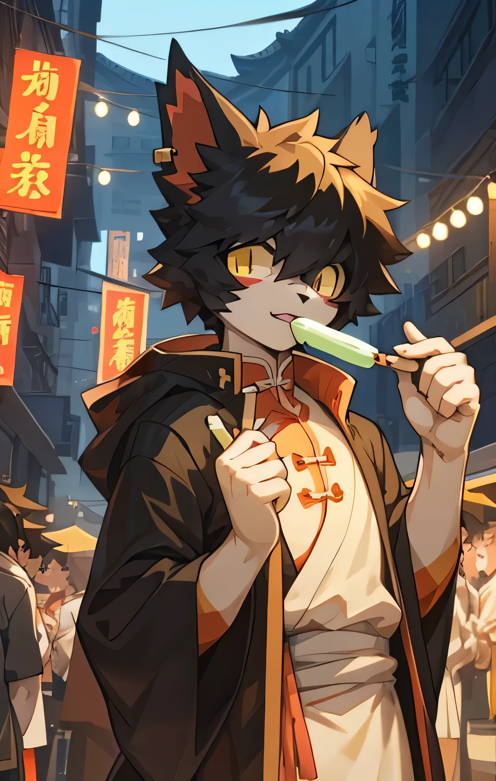 Aak，masterpiece，Ancient Chinese Street，Anime style，4K HD style，Looking at the audience，Aakhead，Holding popsicles