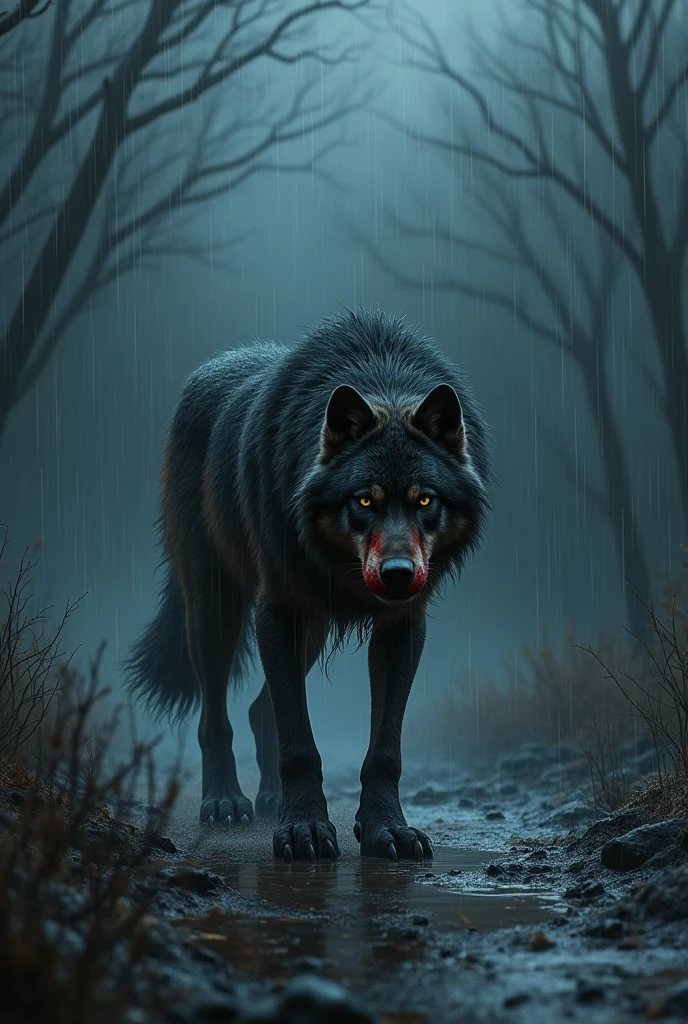 wolf wounded in the rainy night