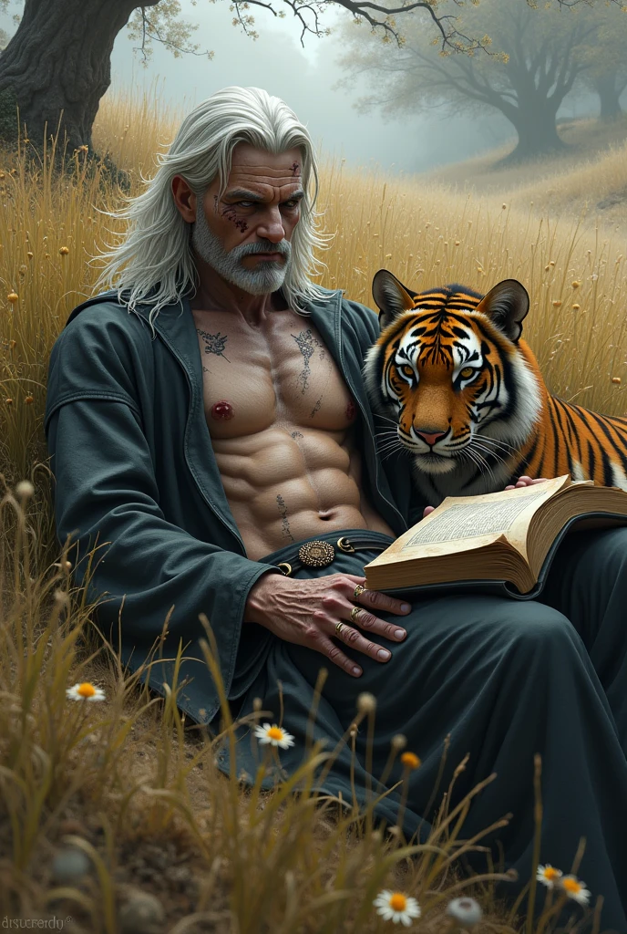 Male necromancer scarred skinny white long hair resting in high grass with young tiger