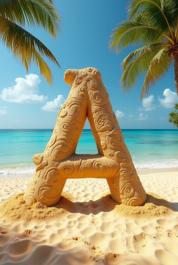 Generate a Sand art for letter A in the beach side