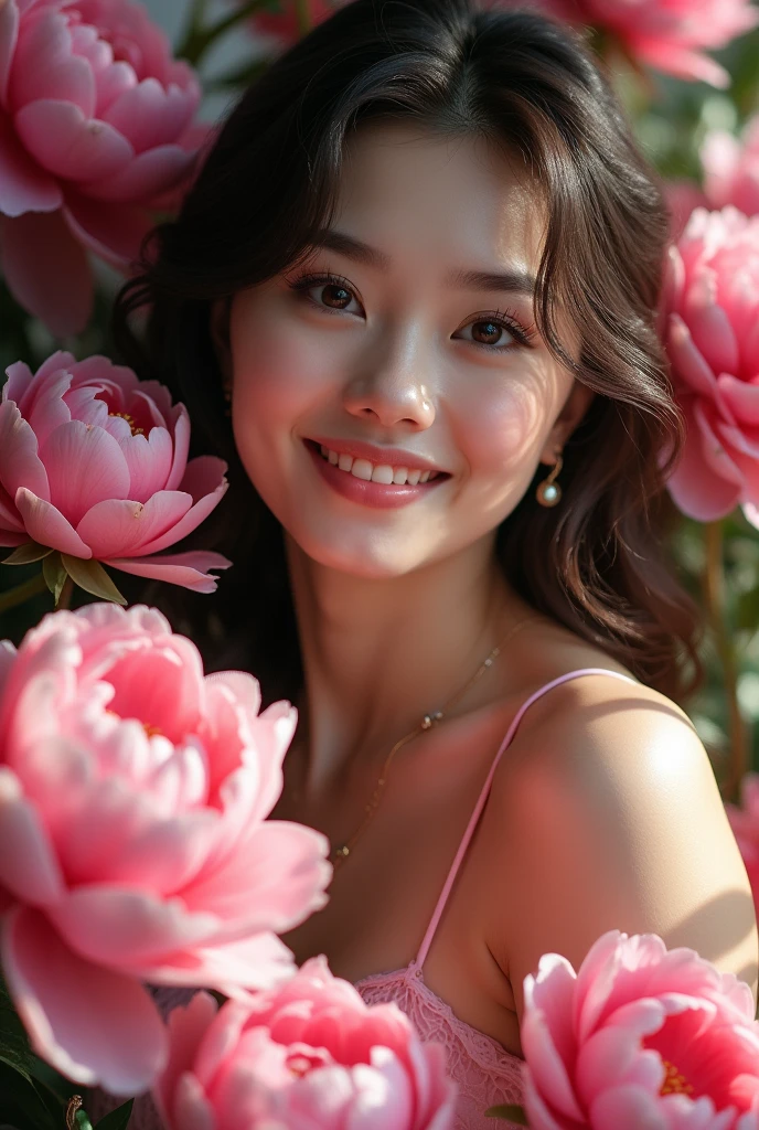 Photography,HD,Real People,1 Asian girl surrounded by peony flowers,Many pink flowers,The movements are natural and elegant,1,Slightly fat,sweet smile,teeth,Beautiful facial features,Exquisite makeup,Exquisite eyes,Eye details,big eyes,Pink yarn,Shoulder,hand臂,hand,Soft and fluffy hair,Soft light and shadows indoors,Rich details