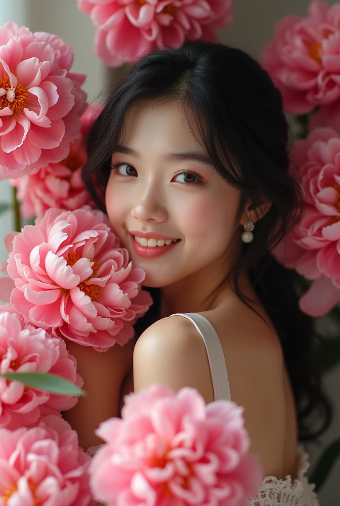 Photography,HD,Real People,1 Asian girl surrounded by peony flowers,Many pink flowers,The movements are natural and elegant,1,Slightly fat,sweet smile,teeth,Beautiful facial features,Exquisite makeup,Exquisite eyes,Eye details,big eyes,Pink yarn,Shoulder,hand臂,hand,Soft and fluffy hair,Soft light and shadows indoors,Rich details