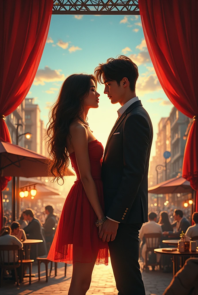 Create a book cover with the title Melodia do Destino in Portuguese A cover containing a stage, a coffee shop called Heavelyn Coffe and in the center Camila Cabello, her hair is long and wavy down to her hips and Jeon Jungkook, the korean man 
