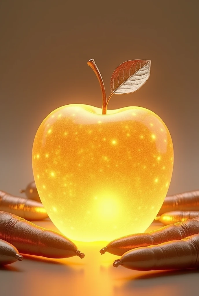 A golden glowing apple. It is surrounded by silver carrots and golden apple is very bright