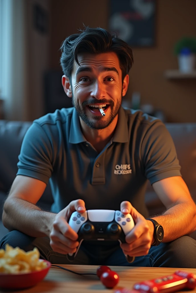 (Photorealism:1.2), small dark-haired European man with cigarette in mouth playing with his Playstation 5 controller where the charging cable is plugged in. Next to him there should be chips and cola and sweets. Brockel is said to be written on his polo shirt