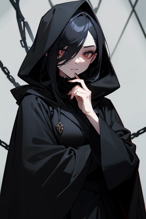 tall and thin woman, skin fair, black coat with a hood covering the hair, a lock of hair covering the left eye, Eyes red, elegant dark witch, very detailed and rich clothing, gothic jacket, wearing a noble black suit, black hair