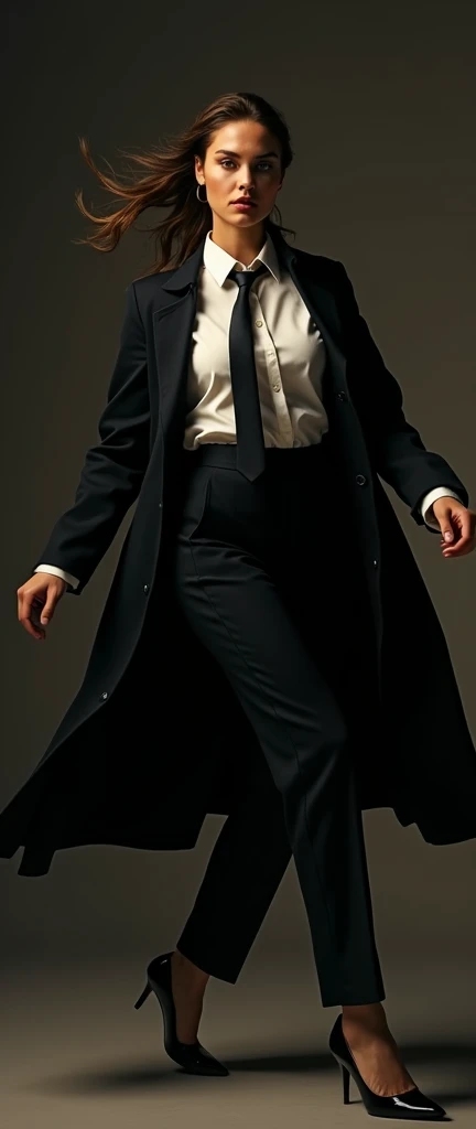 a tanned female, gesturing a long trench coat black suit, white shirt underneath, tie, Melbourne shuffle jumping shuffling footwork expressive pose, dynamic composition, photorealistic, 8k, hyper detailed, studio lighting, highly detailed face and eyes, intricate details, chiaroscuro lighting, dramatic lighting, moody atmosphere, cinematic,