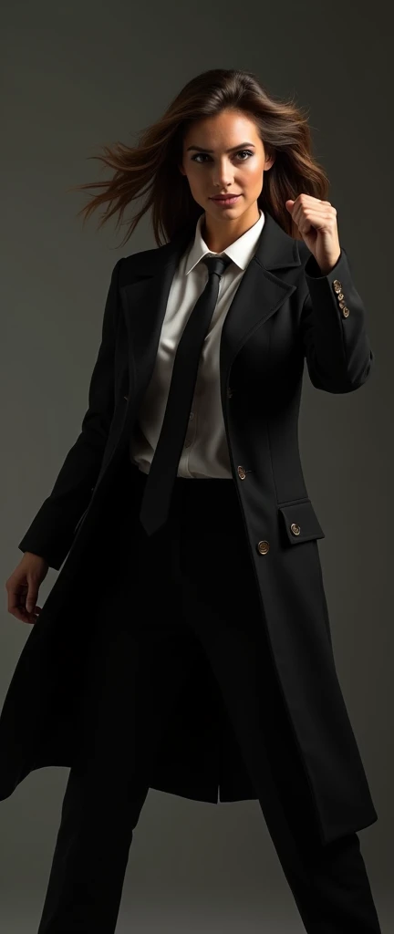 a tanned female,  gesturing a long trench coat black suit, white shirt underneath, tie,   Melbourne shuffle jumping shuffling footwork  expressive pose, dynamic composition, photorealistic, 8k, hyper detailed, studio lighting, highly detailed face and eyes, intricate details, chiaroscuro lighting, dramatic lighting, moody atmosphere, cinematic, 