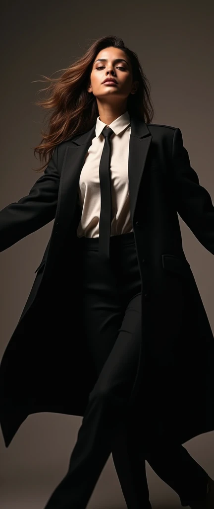 a tanned female, gesturing a long trench coat black suit, white shirt underneath, tie, Melbourne shuffle jumping shuffling footwork expressive pose, dynamic composition, photorealistic, 8k, hyper detailed, studio lighting, highly detailed face and eyes, intricate details, chiaroscuro lighting, dramatic lighting, moody atmosphere, cinematic,