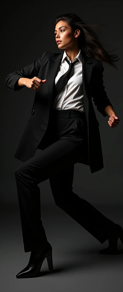 a tanned female,  gesturing a long trench coat black suit, white shirt underneath, tie,   Melbourne shuffle jumping shuffling footwork  expressive pose, dynamic composition, photorealistic, 8k, hyper detailed, studio lighting, highly detailed face and eyes, intricate details, chiaroscuro lighting, dramatic lighting, moody atmosphere, cinematic, 