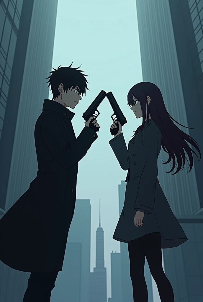 A creepy anime-style couple pointing a magnum at each other on a skyscraper