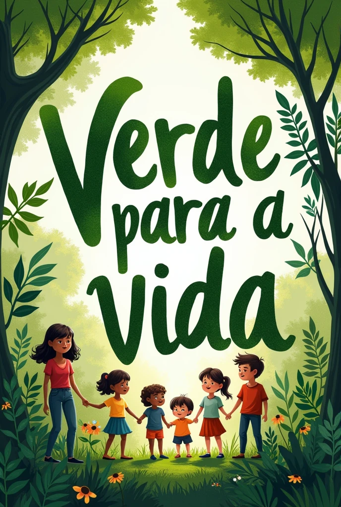 Create a flyer with the title Green for Life and put it in Portuguese  . with people and children in front, place trees and green plants . the textured letters of tree leaves .

