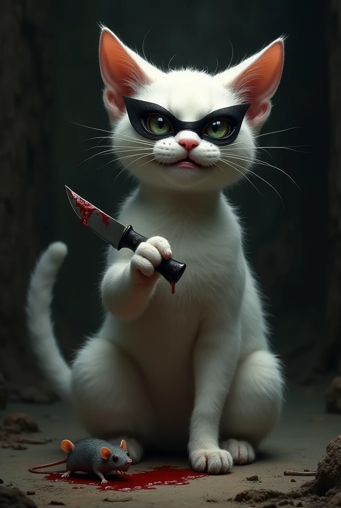 Cat white body and its eyes covering with black mask but it actually its fur, smirk scarily while holding a knife and holding a bloody dead mouse on its another paw, The cat named “Panda”